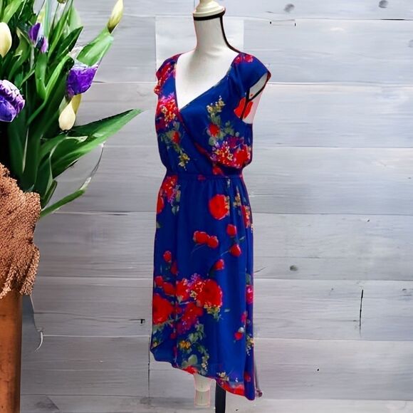SKIES ARE BLUE NWT DRESS FLORAL PRINT WRAP RUFFLED SPAGHETTI STRAPS SMALL COBALT - Picture 1 of 13